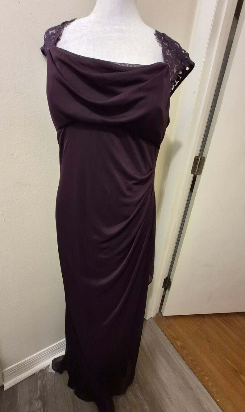 Xscape Women's Deep Purple Cowl Neck Ruched Formal Gown with Lace Back Detail